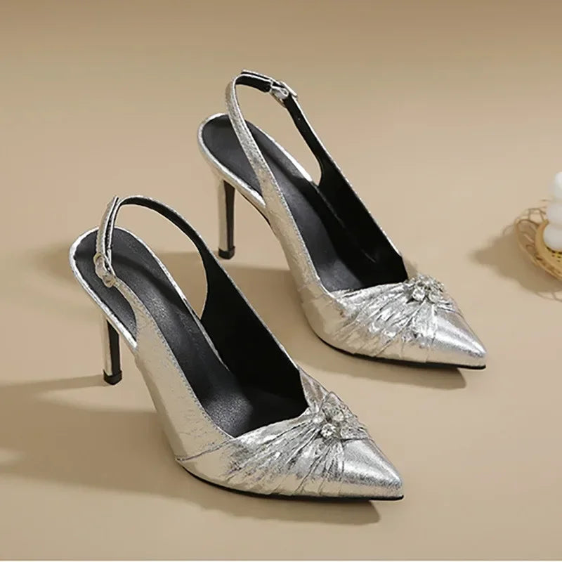 Pointed Toe Pleated Leather Sandals with Rhinestone Decorative Buckle - Slingback Thin High Heels