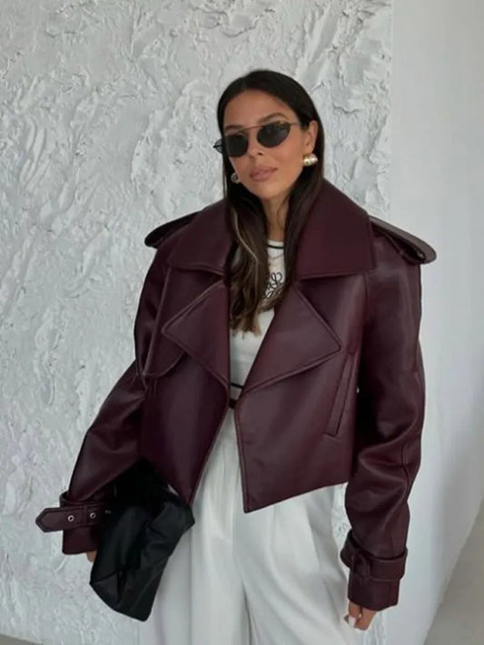 Solid Lapel Leather Cropped Coat