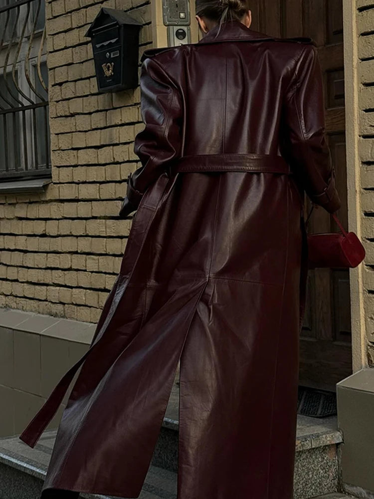 Wine Red Belted Lapel Double Breasted Coat