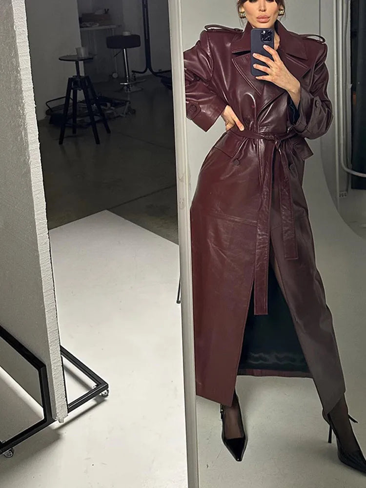 Wine Red Belted Lapel Double Breasted Coat