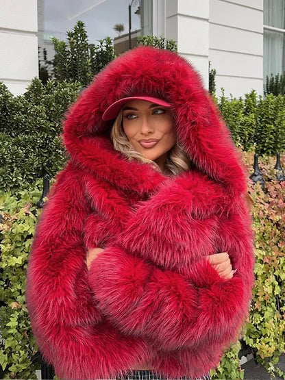 Red Fluffy Hooded Faux Fur Coat