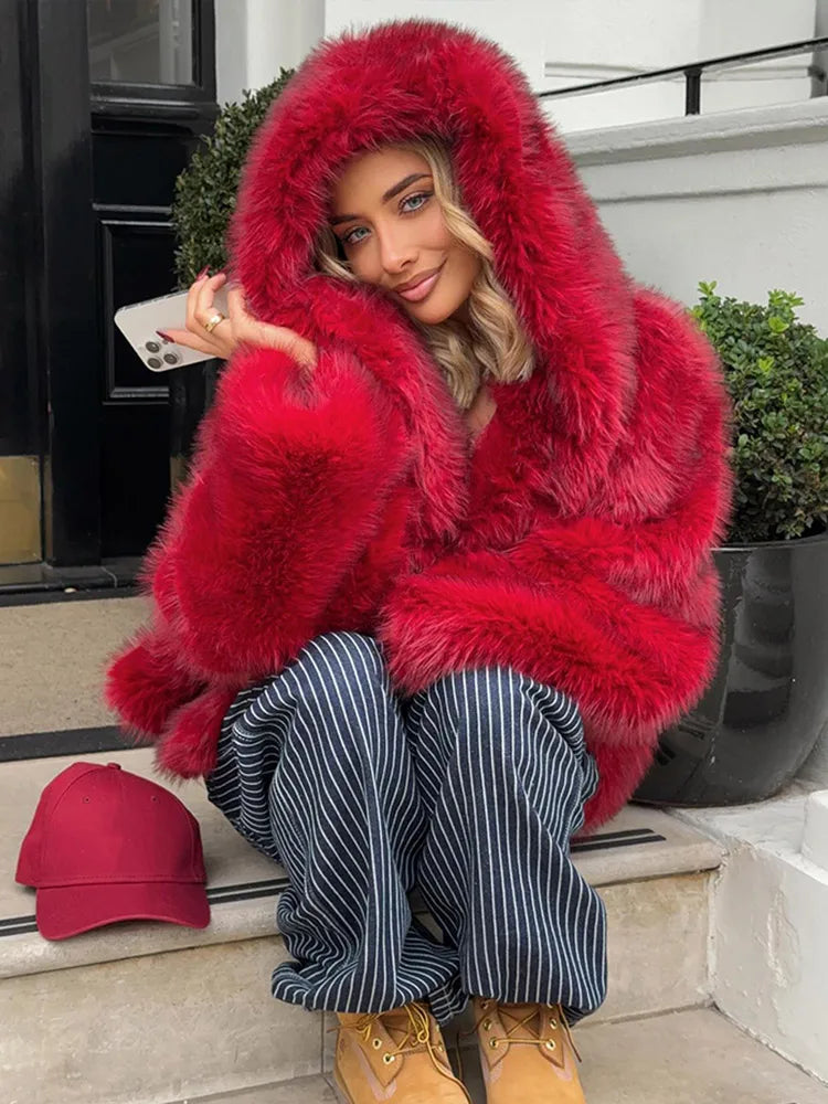 Red Fluffy Hooded Faux Fur Coat