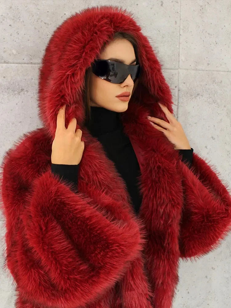 Red Fluffy Hooded Faux Fur Coat