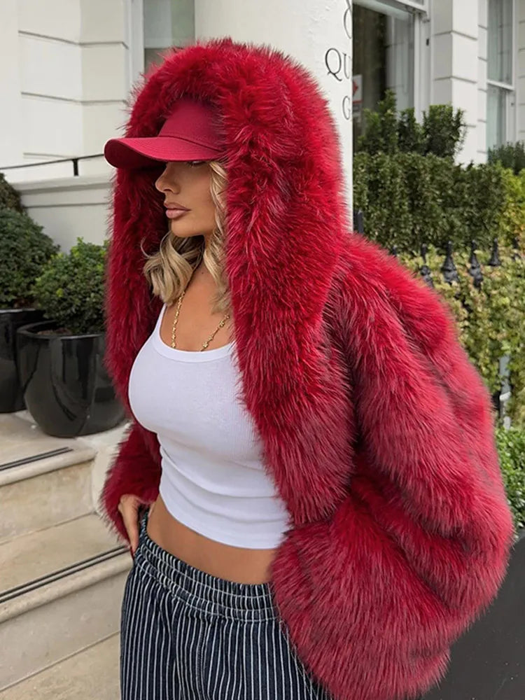 Red Fluffy Hooded Faux Fur Coat