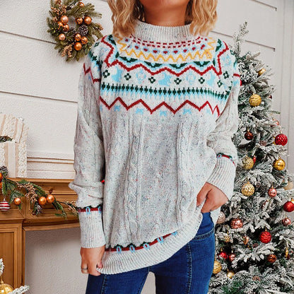 Vintage Striped Long Sleeve Jacquard O-Neck Loose Christmas Christmas Sweater