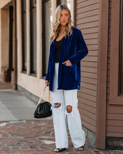 Blue Velvet Blazer with Pockets