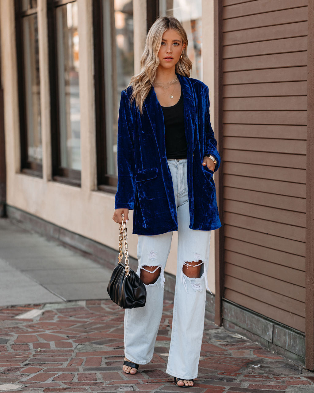 Blue Velvet Blazer with Pockets