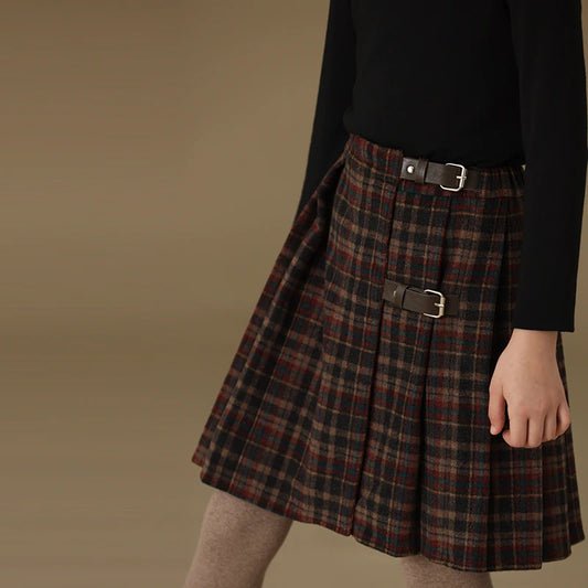 Children's Retro Plaid Wool Casual Thick Pleated Autumn Winter Skirt