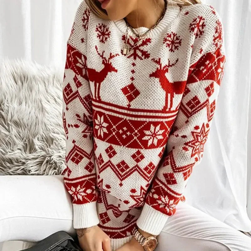 Deer Print Casual Loose Long Sleeve O Neck Warm Jacquard Knitwear Christmas Sweater