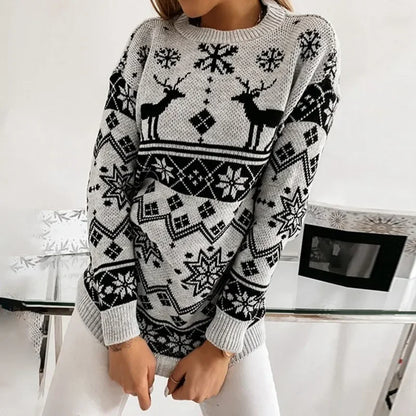 Deer Print Casual Loose Long Sleeve O Neck Warm Jacquard Knitwear Christmas Sweater