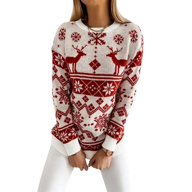 Deer Print Casual Loose Long Sleeve O Neck Warm Jacquard Knitwear Christmas Sweater