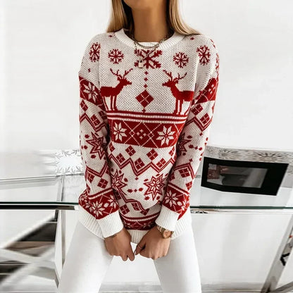 Deer Print Casual Loose Long Sleeve O Neck Warm Jacquard Knitwear Christmas Sweater