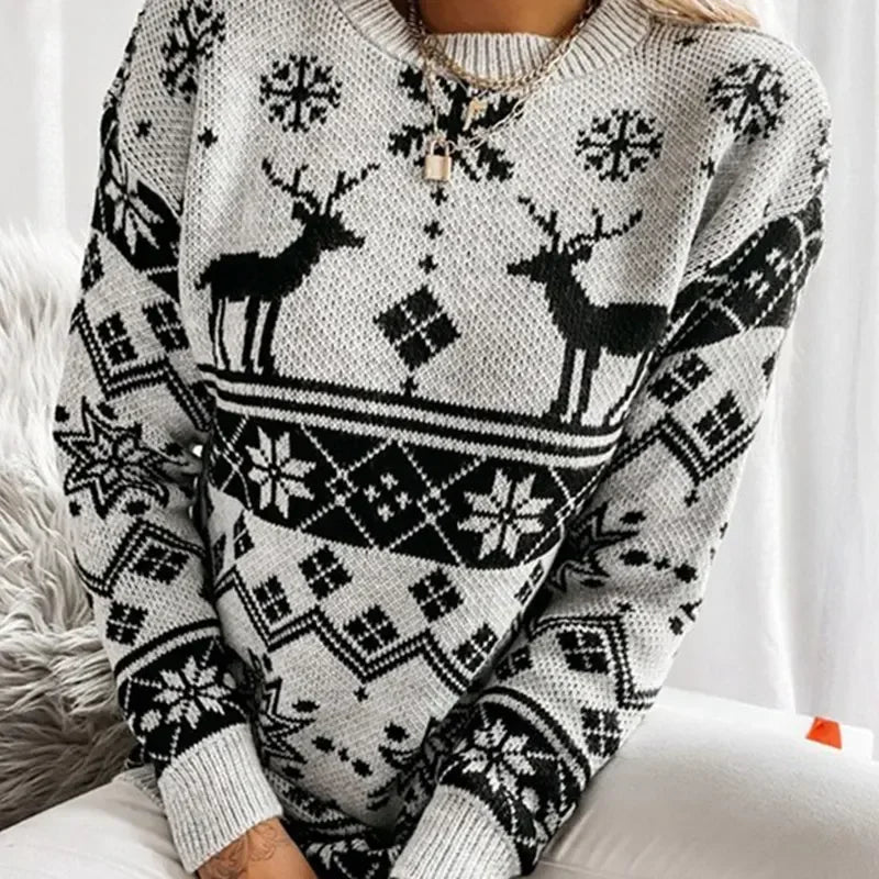 Deer Print Casual Loose Long Sleeve O Neck Warm Jacquard Knitwear Christmas Sweater