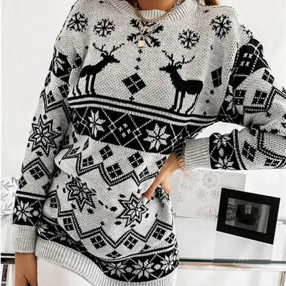 Deer Print Casual Loose Long Sleeve O Neck Warm Jacquard Knitwear Christmas Sweater