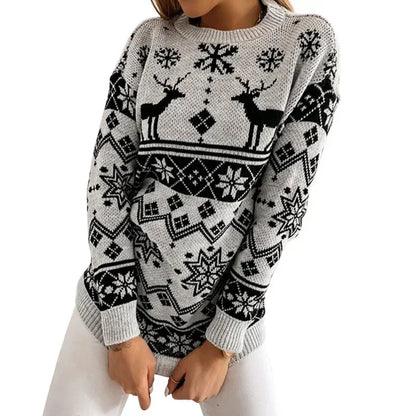 Deer Print Casual Loose Long Sleeve O Neck Warm Jacquard Knitwear Christmas Sweater