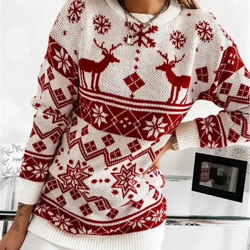 Deer Print Casual Loose Long Sleeve O Neck Warm Jacquard Knitwear Christmas Sweater