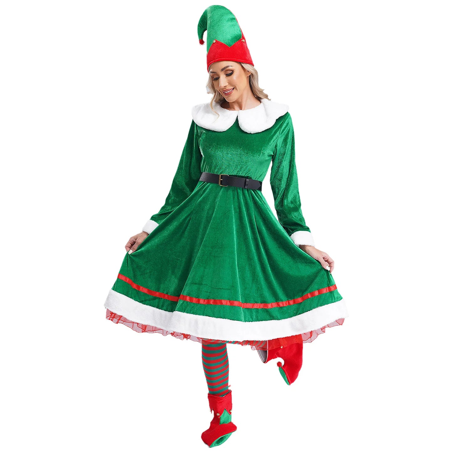 Flannel Maxi Santa Hat Belt Striped Stockings Shoes Christmas Costume