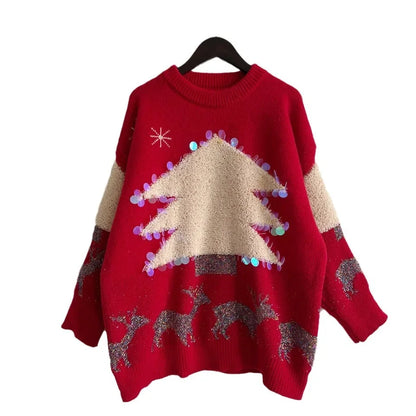 Handmade Sequins Christmas Tree Little Deer Jacquard Thickened Crew Neck Christmas Sweater