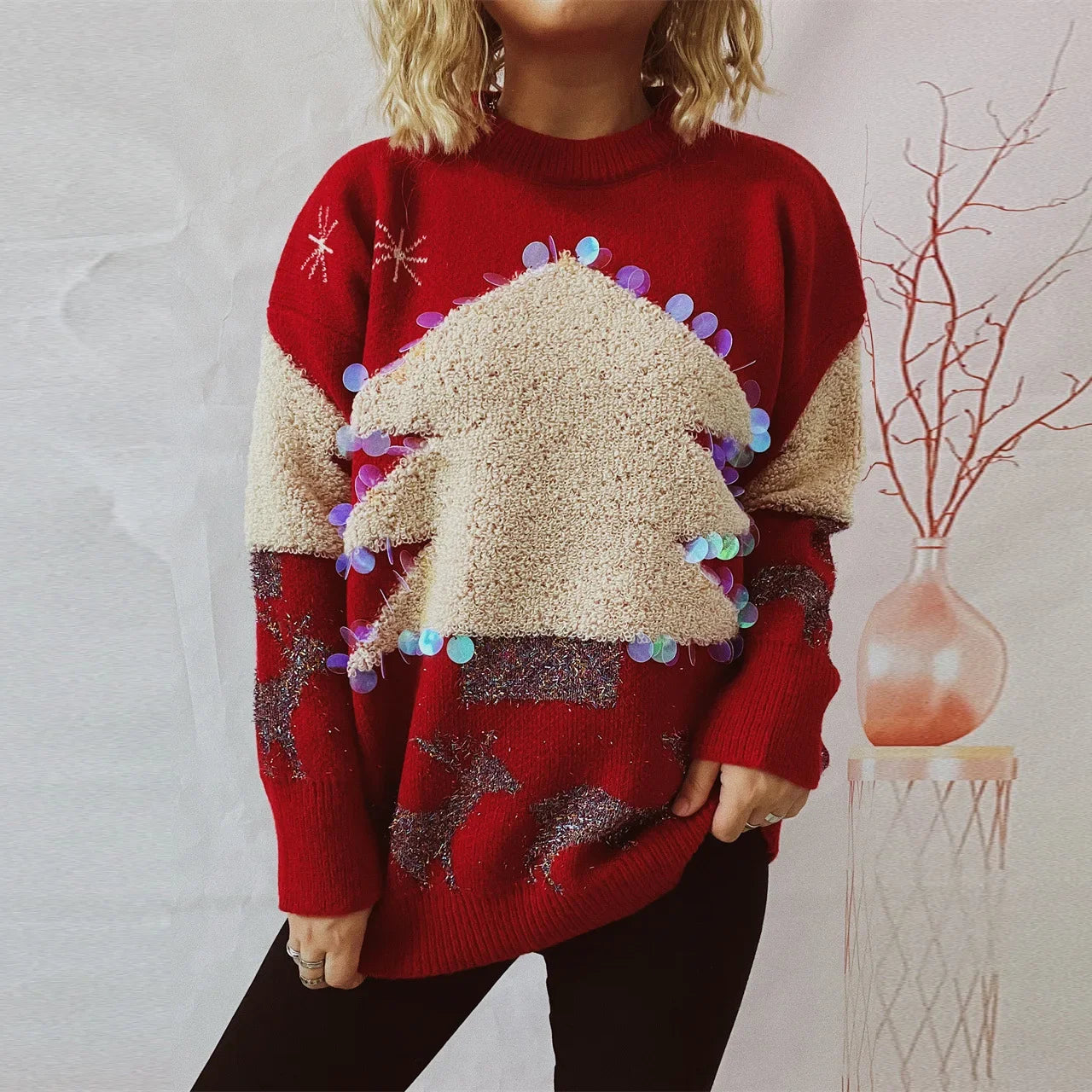 Handmade Sequins Christmas Tree Little Deer Jacquard Thickened Crew Neck Christmas Sweater