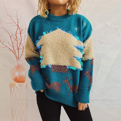 Handmade Sequins Christmas Tree Little Deer Jacquard Thickened Crew Neck Christmas Sweater