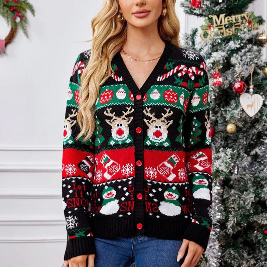 Cartoon Deer Snowman Christmas Cardigan