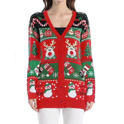 Cartoon Deer Snowman Christmas Cardigan