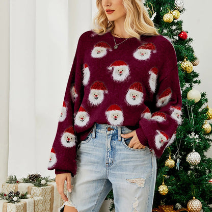 Round Neck Casual Oversized Warm Christmas Santa Head Christmas Sweater