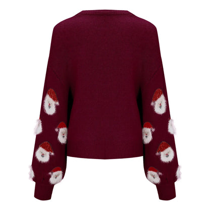 Round Neck Casual Oversized Warm Christmas Santa Head Christmas Sweater