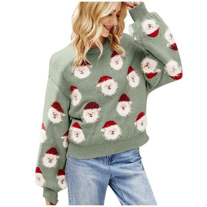 Round Neck Casual Oversized Warm Christmas Santa Head Christmas Sweater