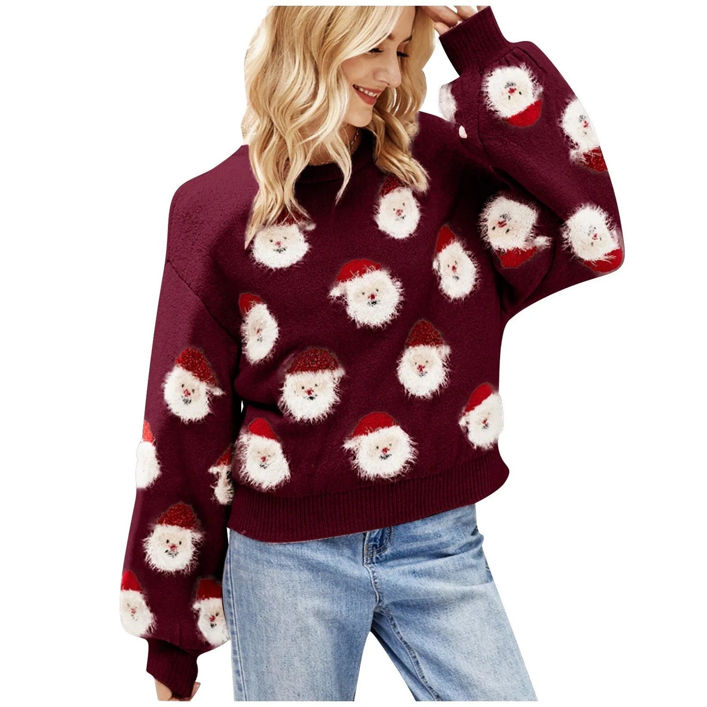 Round Neck Casual Oversized Warm Christmas Santa Head Christmas Sweater