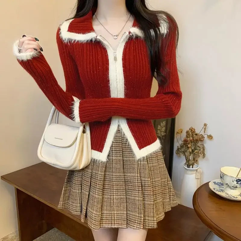 Plush Knitted Slim-fit Zipper Cardigan