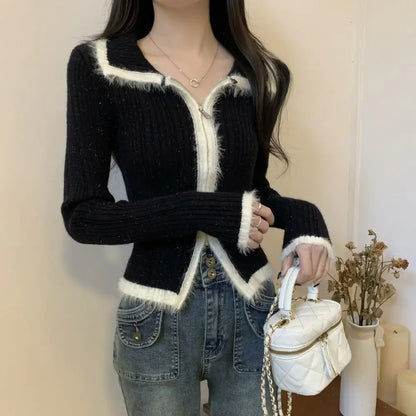 Plush Knitted Slim-fit Zipper Cardigan