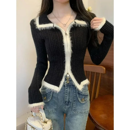 Plush Knitted Slim-fit Zipper Cardigan