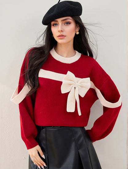 Oversized Red Bow Winter Patchwork Soft Long Sleeve Christmas Sweater