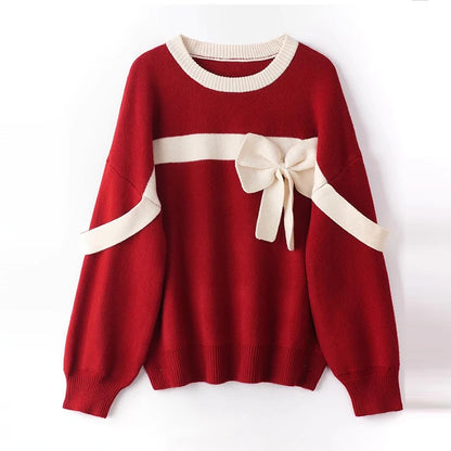 Oversized Red Bow Winter Patchwork Soft Long Sleeve Christmas Sweater