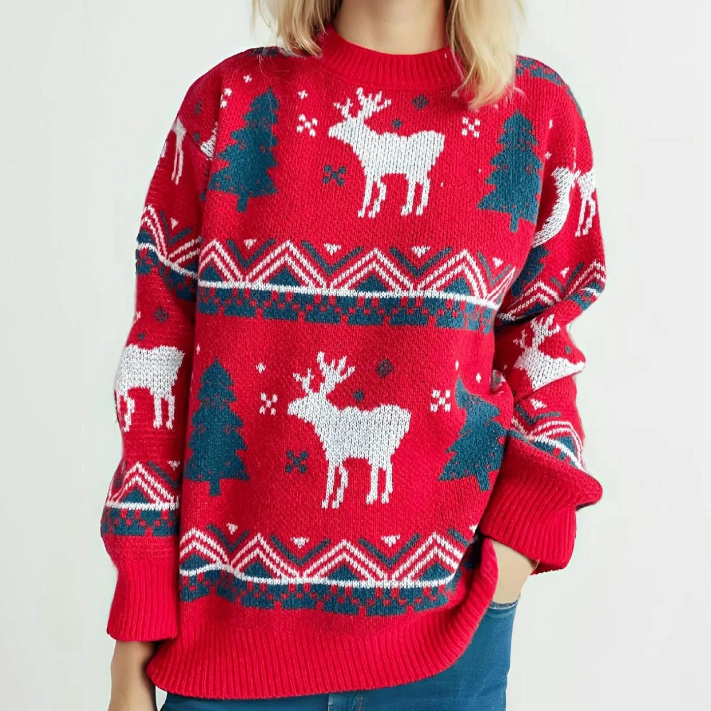 Loose-Fit Thickened Red Winter Style Knitted Pullover Christmas Sweater