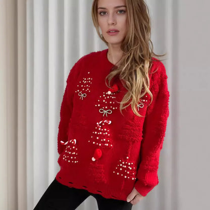 Korean Style O Neck Casual Loose Jumper Chic Bow Christmas Christmas Sweater