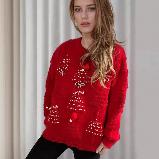 Korean Style O Neck Casual Loose Jumper Chic Bow Christmas Christmas Sweater