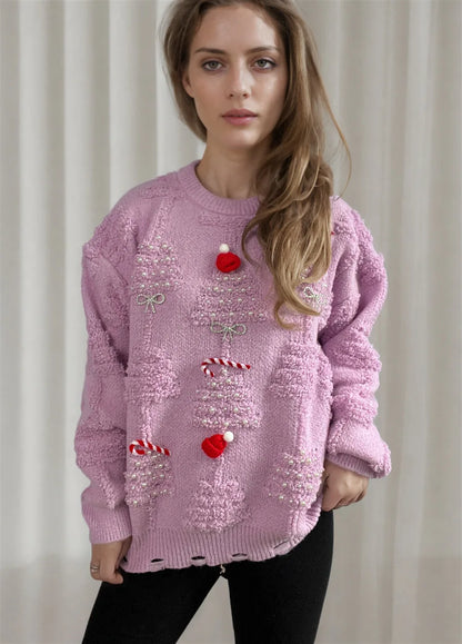 Korean Style O Neck Casual Loose Jumper Chic Bow Christmas Christmas Sweater