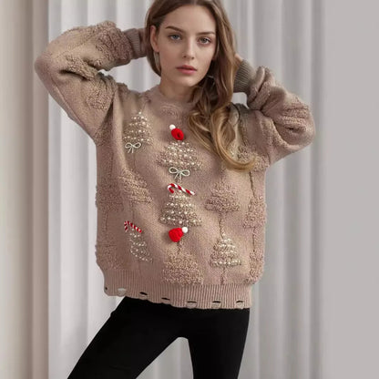 Korean Style O Neck Casual Loose Jumper Chic Bow Christmas Christmas Sweater