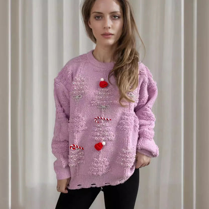 Korean Style O Neck Casual Loose Jumper Chic Bow Christmas Christmas Sweater