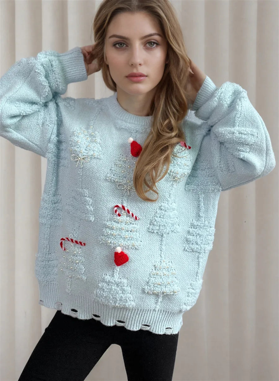 Korean Style O Neck Casual Loose Jumper Chic Bow Christmas Christmas Sweater