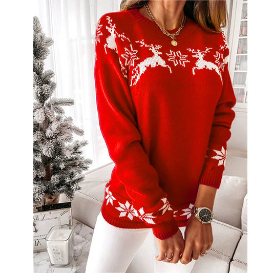 Casual Long Sleeve O-Neck Pullover Deer Knitted Christmas Sweater