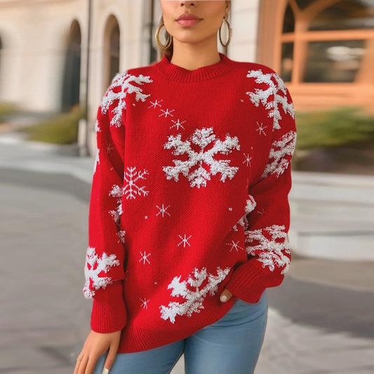 Snowflake Embroidered Round Neck Long Sleeve Crossbody Christmas Sweater