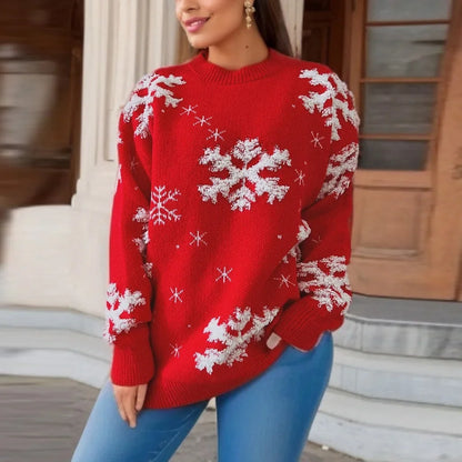 Snowflake Embroidered Round Neck Long Sleeve Crossbody Christmas Sweater