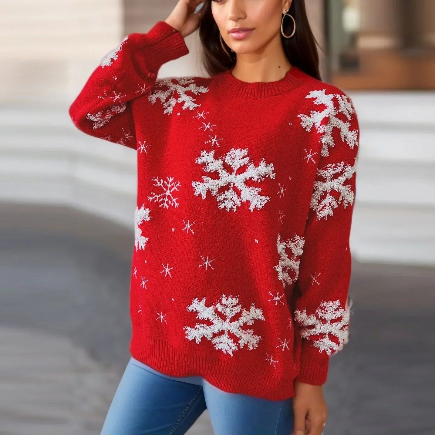 Snowflake Embroidered Round Neck Long Sleeve Crossbody Christmas Sweater