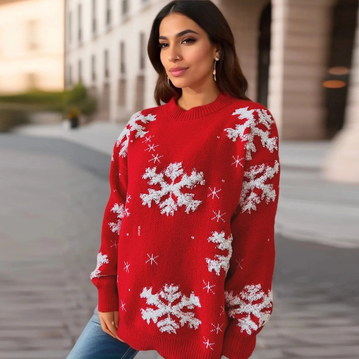 Snowflake Embroidered Round Neck Long Sleeve Crossbody Christmas Sweater