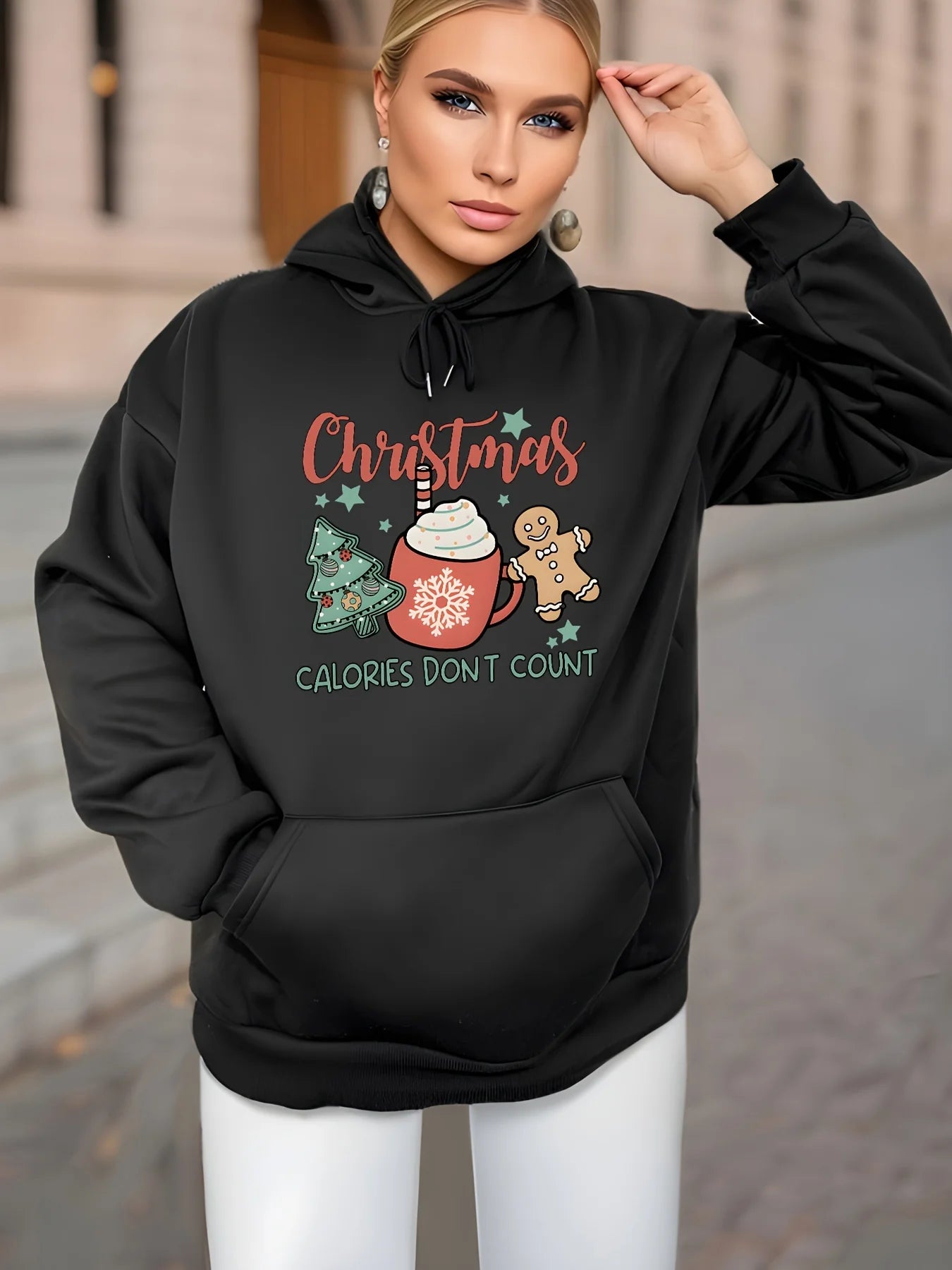 Fleece Lined Casual Drawstring Sports Christmas Tree Hoodie