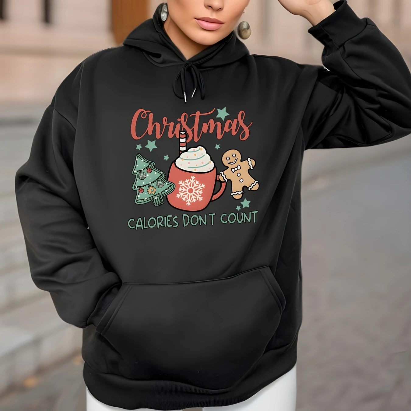 Fleece Lined Casual Drawstring Sports Christmas Tree Hoodie