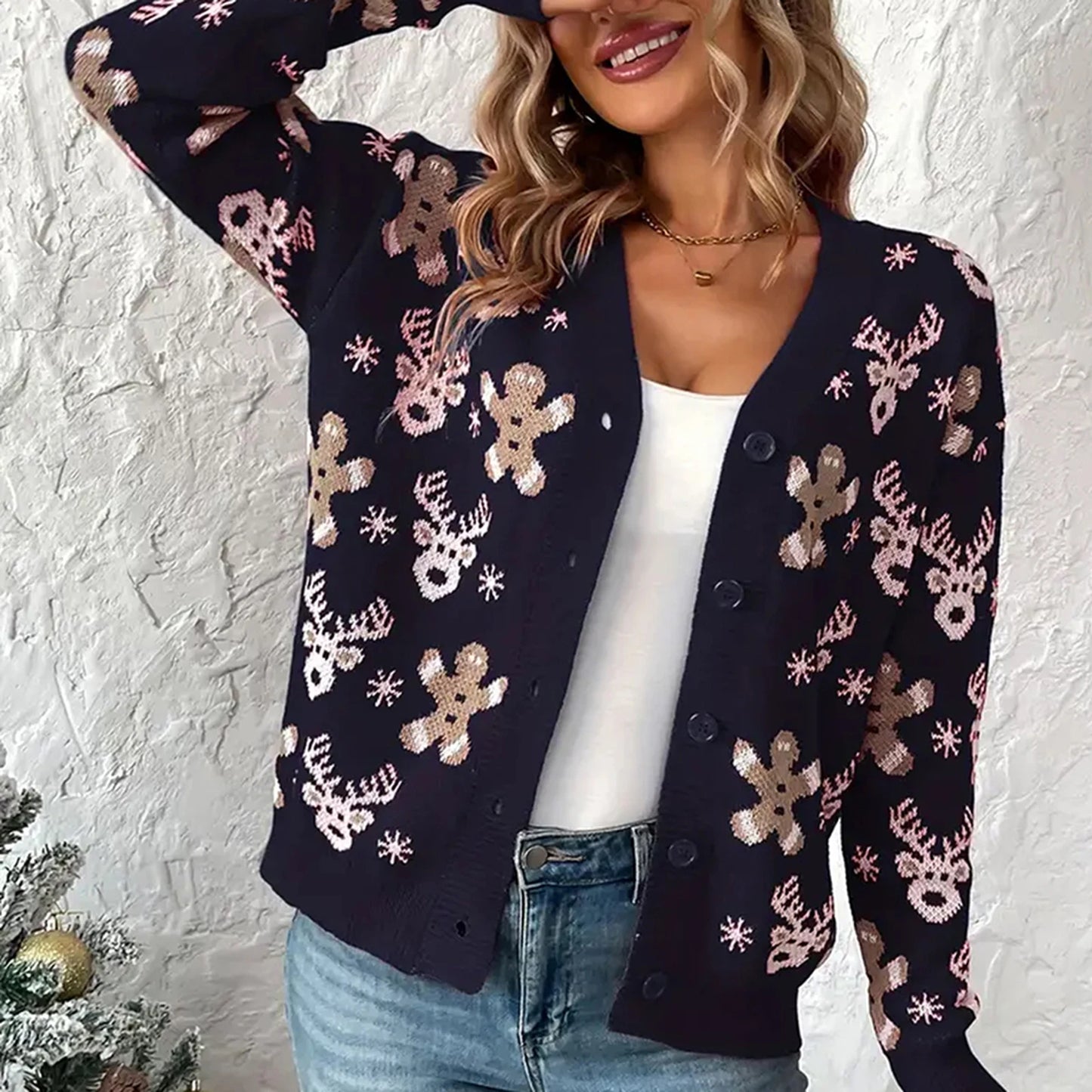 Christmas V-neck Elk Print Cardigan